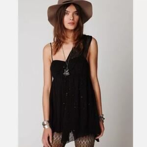 NEW Free People Fairuza Black Beaded One Shoulder Chiffon Tunic Top
